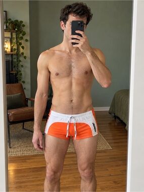 Men's Orange and White Swim Trunks with Drawstring AussieBum Size M